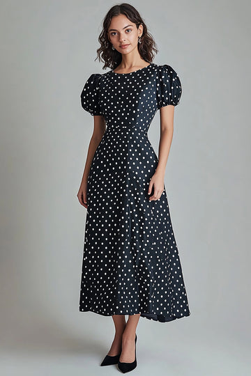 Svart Rund Hals A-linje Lång Vit Polka Dots Klänning